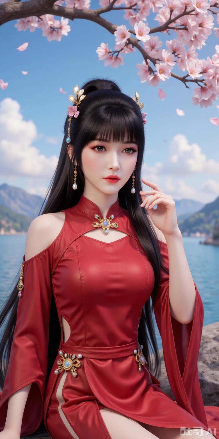 1girl, solo, long hair, black hair, hair ornament, dress, jewelry, sitting, earrings, outdoors, sky, pointy ears, cloud, water, blue sky, petals, clothing cutout, red dress, cherry blossoms, rock,
mocaihuan,lvjing,lvjing,pifu,yafei