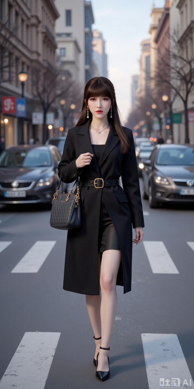motor vehicle, 1girl, car, high heels, ground vehicle, street, road, city, crosswalk, outdoors, building, bag, real world location, long hair, handbag, black footwear, holding bag, walking, holding, realistic, coat, brown hair, sidewalk, belt, lips, day, solo focus, standing, lamppost, jewelry, full body, solo, parted lips, shoes, black coat, jacket,
mocaihuan,lvjing,lvjing,pifu,yafei,hanyunzhi