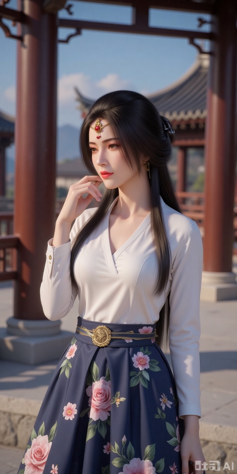 1girl, solo, long hair, skirt, black hair, long sleeves, standing, white shirt, outdoors, day, looking to the side, floral print, hand in own hair, long skirt, architecture, east asian architecture, korean clothes, hanbok,
lvjing,lvjing,pifu,yafei,dongxuaner