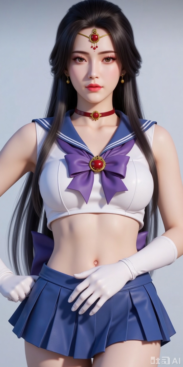 long hair, black hair, red lips, looking at viewer, brown eyes, 1girl,sailor senshi uniform,solo,jewelry,skirt,gloves,earrings,blue skirt,white gloves,sailor collar,bow,breasts,choker,elbow gloves,magical girl,back bow,covered navel,pleated skirt,looking at viewer,brooch,purple bow,heart brooch,red choker,miniskirt,closed mouth,large breasts,collarbone,red gemstone,tiara,cowboy shot, 
lvjing,lvjing,pifu,yafei,dongxuaner