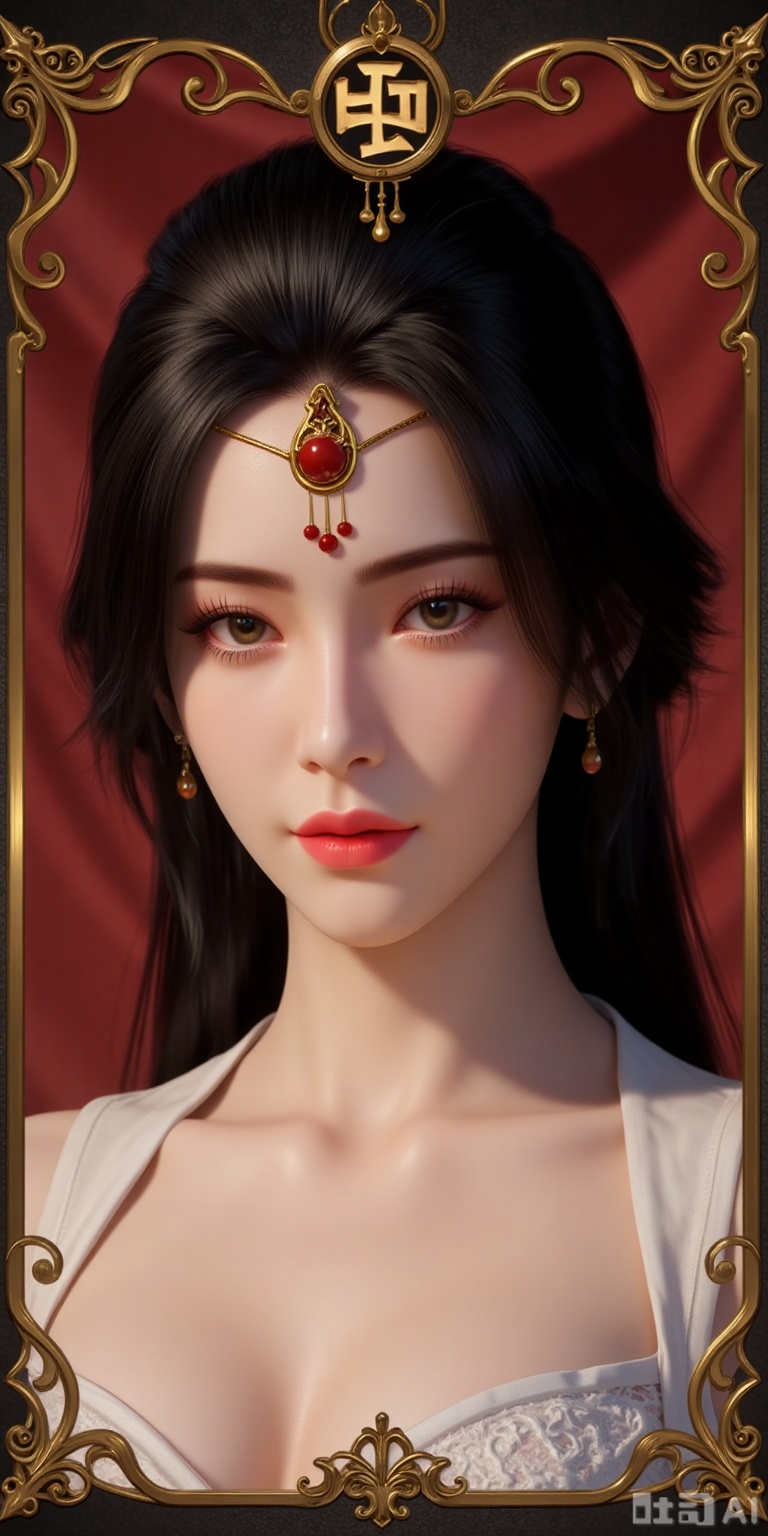 long hair, black hair, red lips, looking at viewer, brown eyes, 1girl,solo,earrings,jewelry,looking at viewer,breasts,tarot,collarbone,upper body,dress,closed mouth,card \(medium\),tarot \(medium\),frills,border, 
lvjing,lvjing,pifu,yafei,dongxuaner