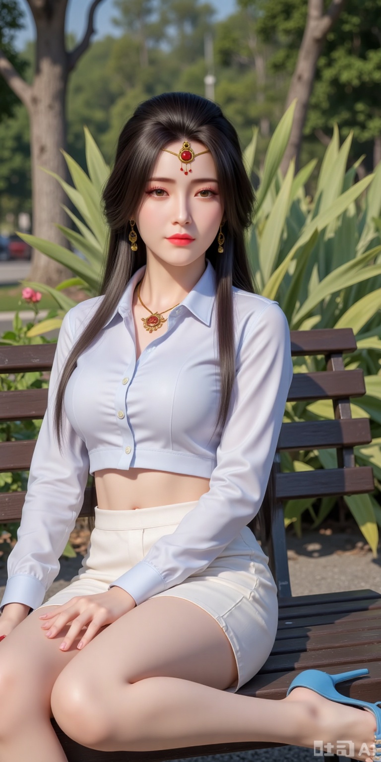 1girl, solo, long hair, looking at viewer, skirt, shirt, black hair, long sleeves, brown eyes, jewelry, sitting, white shirt, earrings, outdoors, parted lips, day, midriff, nail polish, high heels, lips, crop top, bare legs, toes, sandals, sunlight, white skirt, plant, ground vehicle, toenails, blue footwear, white shorts, realistic, bench,
lvjing,lvjing,pifu,yafei,dongxuaner