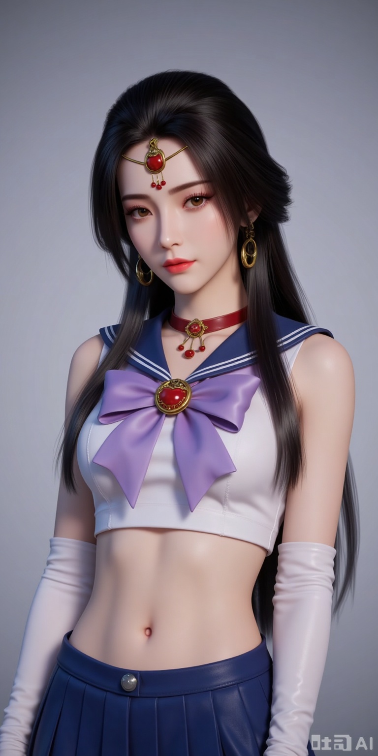 long hair, black hair, red lips, looking at viewer, brown eyes, 1girl,sailor senshi uniform,solo,jewelry,skirt,gloves,earrings,blue skirt,white gloves,sailor collar,bow,breasts,choker,elbow gloves,magical girl,back bow,covered navel,pleated skirt,looking at viewer,brooch,purple bow,heart brooch,red choker,miniskirt,closed mouth,large breasts,collarbone,red gemstone,tiara,cowboy shot, 
lvjing,lvjing,pifu,yafei,dongxuaner