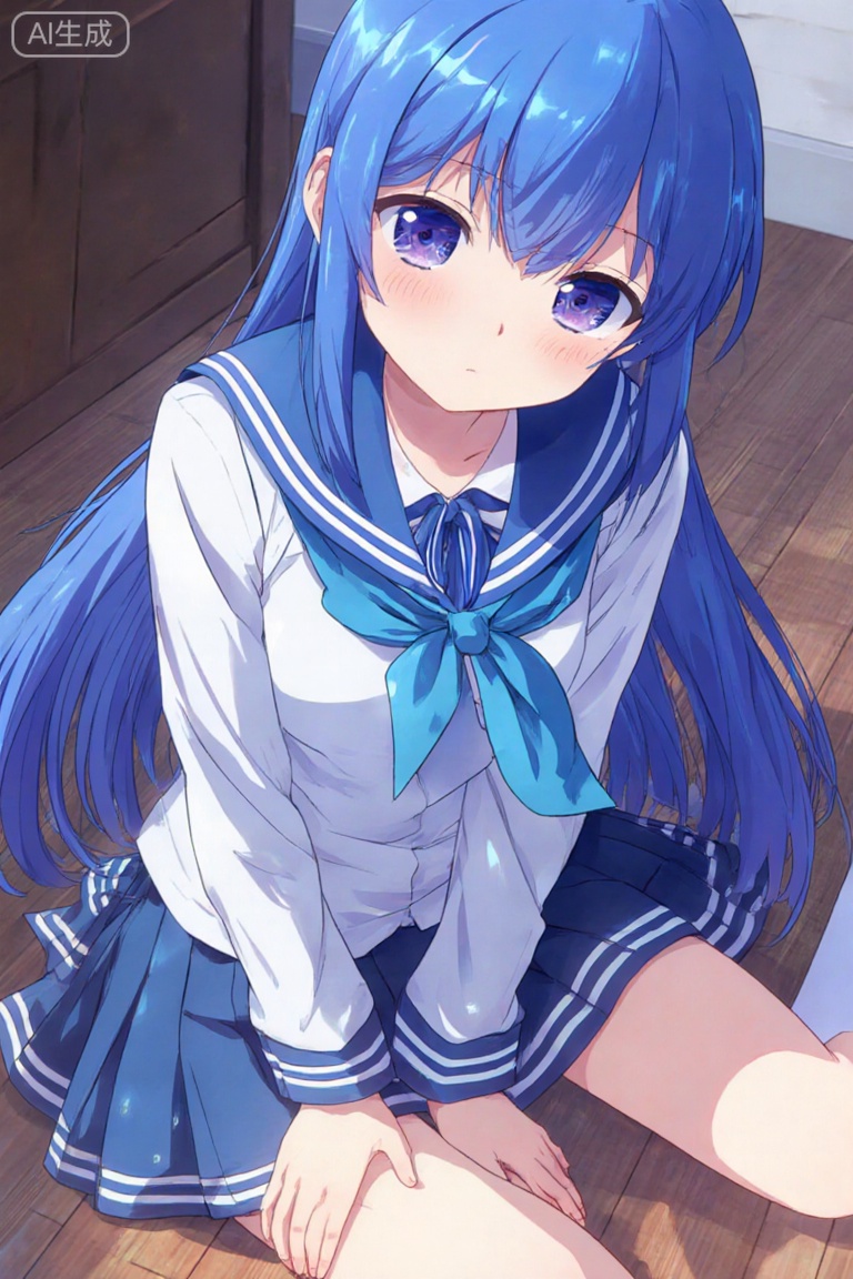 Create an 8K HDR wallpaper in a shiny anime style featuring Izumi Konata from Lucky Star. She is wearing her school uniform, which includes a blue long hair, blue eyes, and an ahoge. Her outfit consists of a white uniform with a blue collar, a blue scarf, long sleeves, and a blue uniform skirt. She has short socks and white socks, and there is a blue scarf hanging between her legs. She is positioned on a wooden floor, with her hand also between her legs, adding a playful and innocent touch to the scene. This image should capture the essence of Konata’s personality and create a visually stunning piece that would be considered one of the best pictures in 2023 on Pixiv.