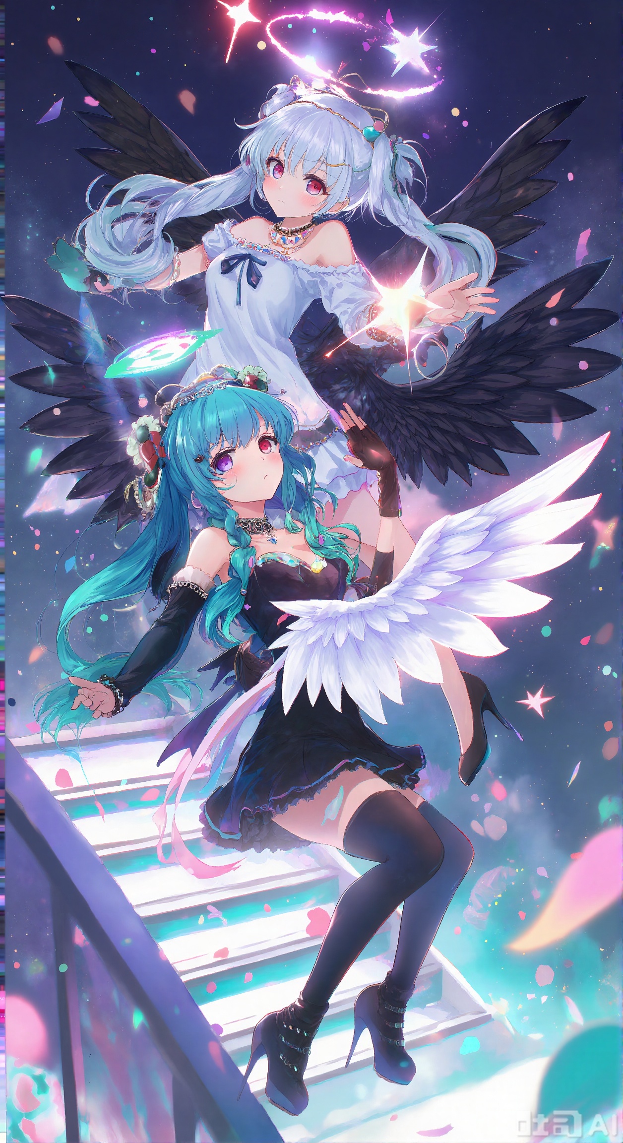 1girl, solo, long hair, looking at viewer, bangs, hair ornament, jewelry, purple eyes, braid, twintails,multicolored hair, choker, hairclip, pink eyes, off shoulder, star \(symbol\), nail polish, bracelet, aqua hair, ring, hair rings, star hair ornament, off-shoulder shirt,long hair, breasts, bangs,  hair ornament, red eyes, thighhighs, gloves, dress, 2girls, bare shoulders, blue hair, white hair, wings, black gloves, black footwear, white dress, looking at another, black dress, high heels, halo, feathers, feathered wings, eye contact, black wings, angel wings, stairs, white wings, angel,Role differentiation,Flying, flying, falling, dancing  ,    depth of field, light particles, lens flare, (artist:quasarcake:0.8),extreme aesthetic,(wlop:0.6), wanke,rella,wanke,masterpiece,best quality,good quality,newest ,year 2024, year 2023, very aesthetic,absurdres,Visual impact,Electromotive force, perspective composition, A shot with tension, ultra-high resolution,32K UHD,sharp focus,best quality,masterpiece,Emotionalization masterpiece, unconventional supreme,masterful details,with a high end texture,in the style of fashion photography, (Visual impact:1.2),giving the poster a dynamic and visually striking appearance,impactful picture,offcial art,colorful,splash of color, movie perspective, masterpiece,best quality,amazing quality,very aesthetic,absurdres,best quality,newest,jixuanfenghua,anime