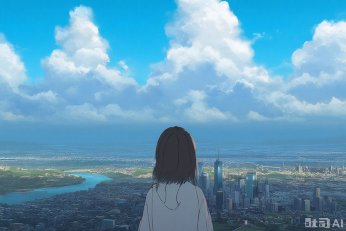 A girl stands on the top of the city with her back facing the camera. The background is a blue sky and cumulonimbus clouds, the vast sky and the earth, with a sense of clarity,anime