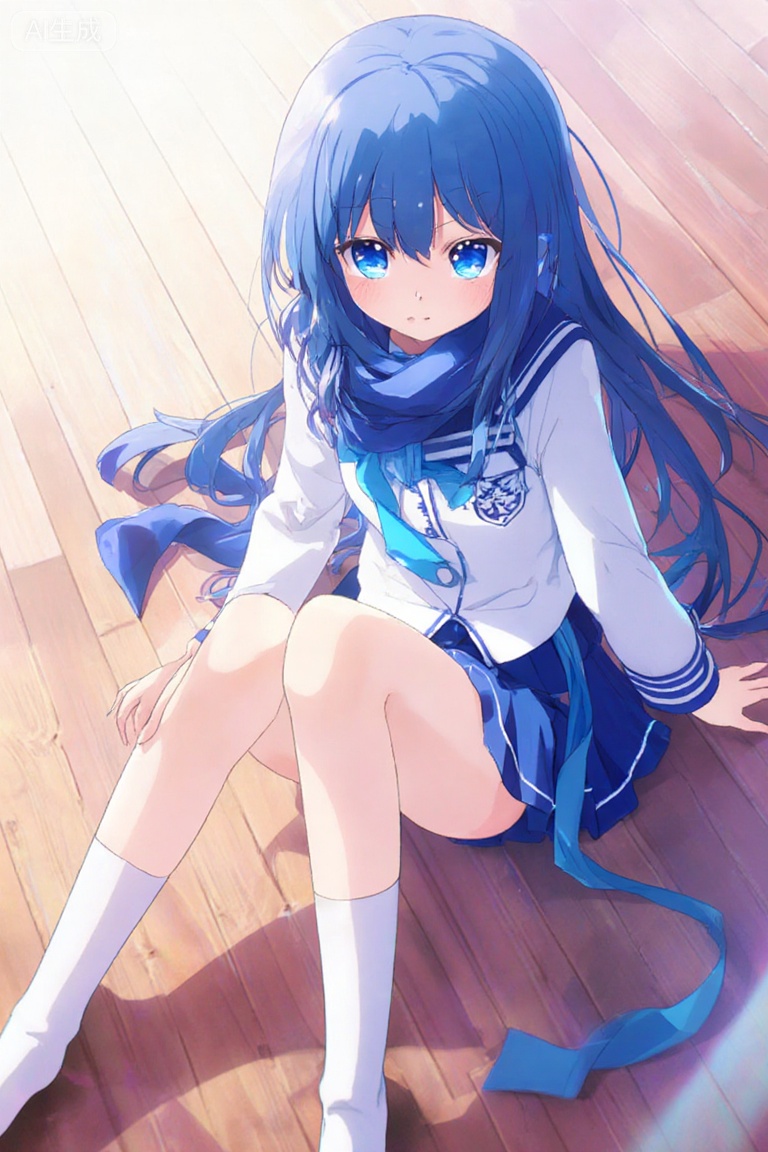Create an 8K HDR wallpaper in a shiny anime style featuring Izumi Konata from Lucky Star. She is wearing her school uniform, which includes a blue long hair, blue eyes, and an ahoge. Her outfit consists of a white uniform with a blue collar, a blue scarf, long sleeves, and a blue uniform skirt. She has short socks and white socks, and there is a blue scarf hanging between her legs. She is positioned on a wooden floor, with her hand also between her legs, adding a playful and innocent touch to the scene. This image should capture the essence of Konata’s personality and create a visually stunning piece that would be considered one of the best pictures in 2023 on Pixiv.