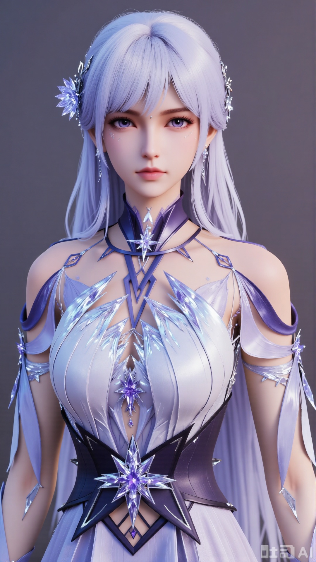 
3d_character_sce

1girl

solo

long hair

breasts

looking at viewer

hair ornament

dress

jewelry

purple eyes

earrings

white dress