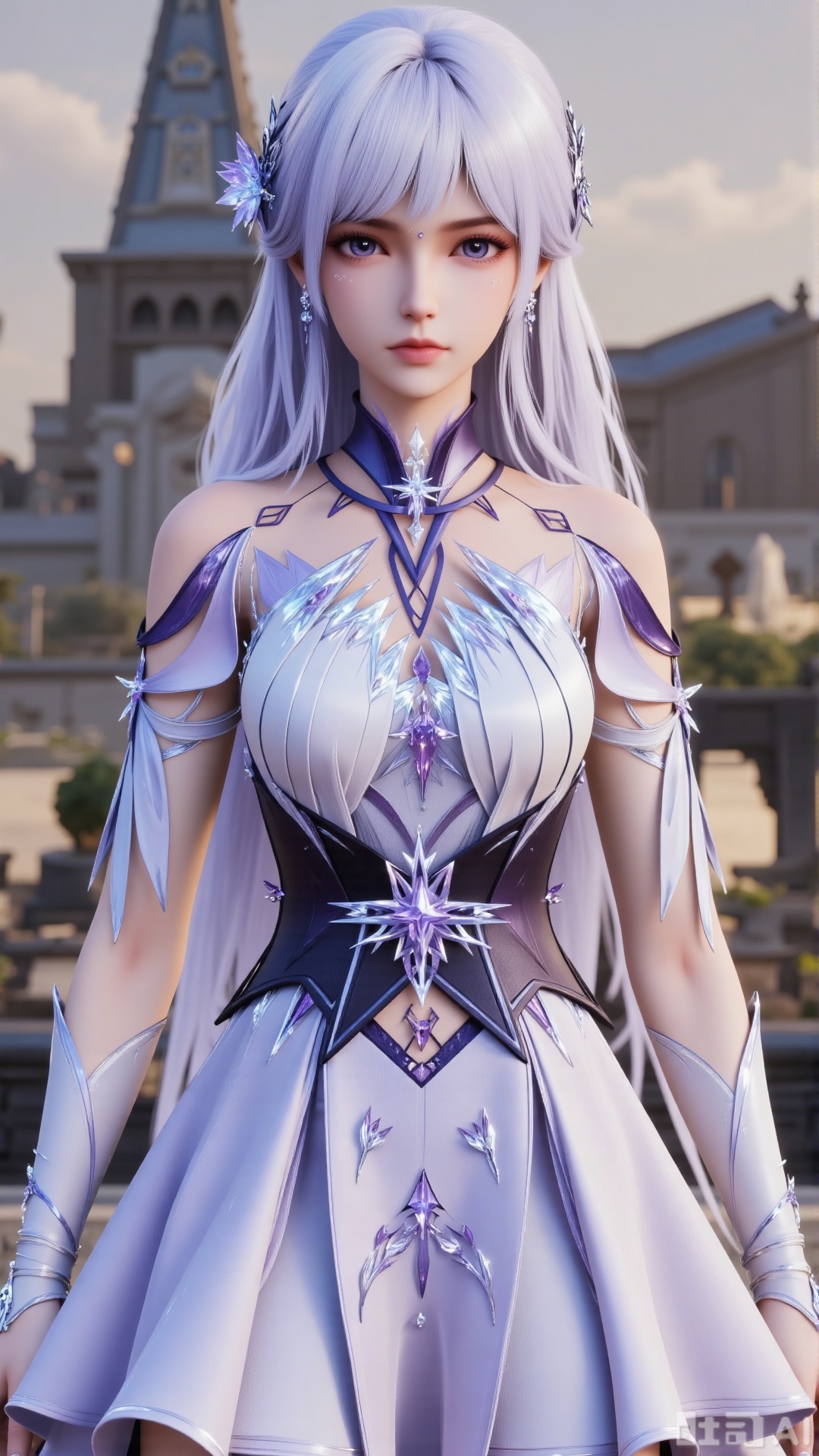 
3d_character_sce

1girl

solo

long hair

breasts

looking at viewer

hair ornament

dress

jewelry

purple eyes

earrings

white dress