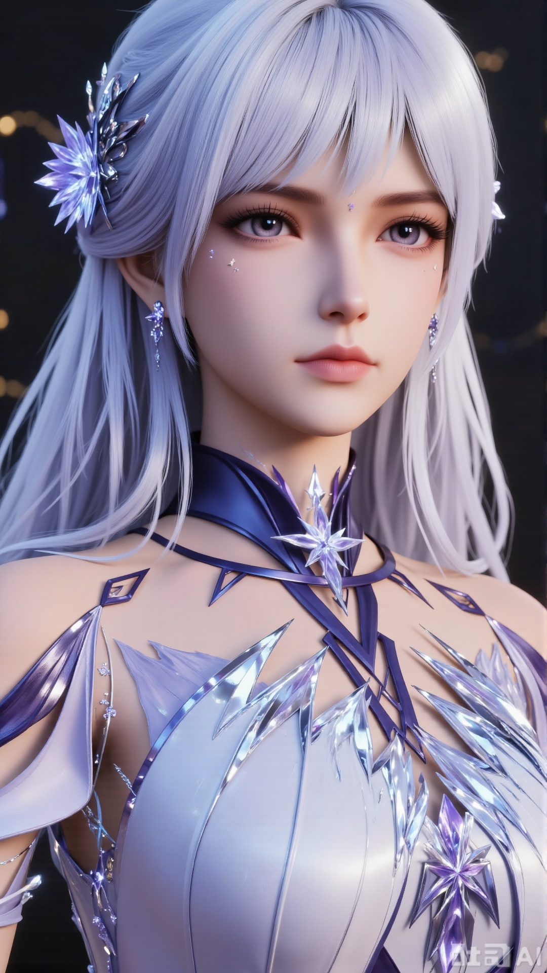 
3d_character_sce

1girl

solo

long hair

breasts

looking at viewer

hair ornament

dress

jewelry

purple eyes

earrings

white dress