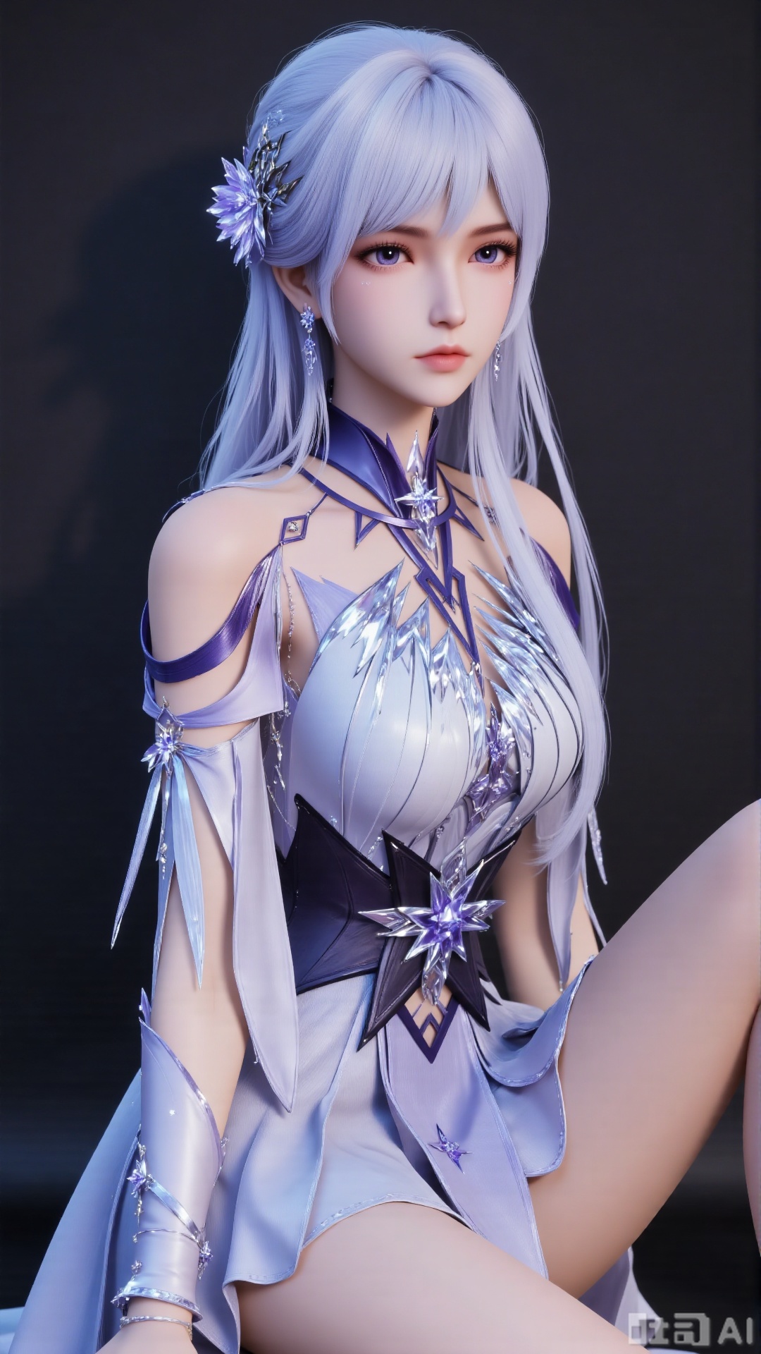
3d_character_sce

1girl

solo

long hair

breasts

looking at viewer

hair ornament

dress

jewelry

purple eyes

earrings

white dress