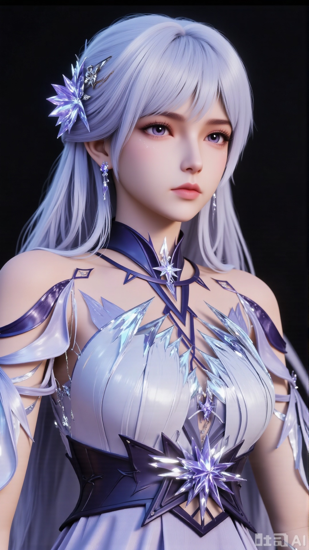 
3d_character_sce

1girl

solo

long hair

breasts

looking at viewer

hair ornament

dress

jewelry

purple eyes

earrings

white dress