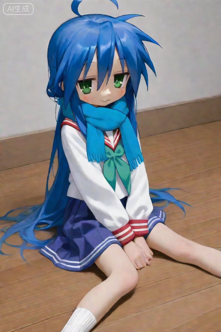 (Izumi Konata:1.3), lucky_star, school uniform, blue long hair, long hair, blue eyes, ahoge, green bow, white uniform with blue collar, blue scarf, long sleeves, blue uniform skirt, short socks, white socks, between legs, blue scarf, hand between legs, wooden floor, on floor, 8k hdr wallpaper, pixiv the best picture in 2023, shiny