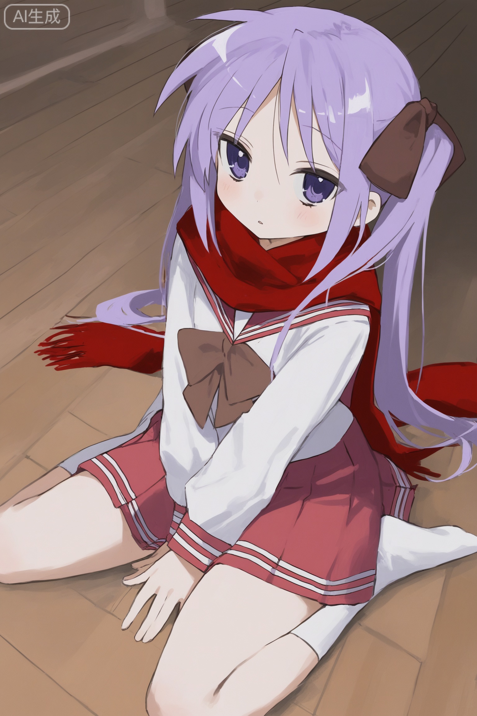 (Kagami Hiiragi:1.3),lucky_star, school uniform, purple double ponytail, purple eyes, brown bow, double ponytail, red and white collar, red scarf, white uniform, long sleeves, red uniform skirt, short socks,white socks, between legs, red scarf, hand between legs, wooden floor, on floor, 8k hdr wallpaper,pixiv the best picture in 2023,