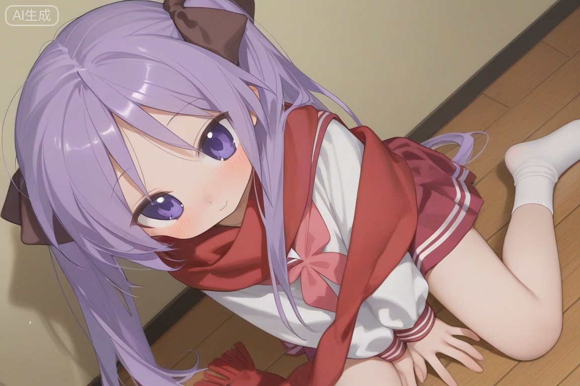 (Kagami Hiiragi:1.3),lucky_star, school uniform, purple double ponytail, purple eyes, brown bow, double ponytail, red and white collar, red scarf, white uniform, long sleeves, red uniform skirt, short socks,white socks, between legs, red scarf, hand between legs, wooden floor, on floor, 8k hdr wallpaper,pixiv the best picture in 2023,
