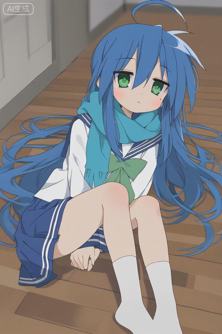 (Izumi Konata:1.3), lucky_star, school uniform, blue long hair, long hair, blue eyes, ahoge, green bow, white uniform with blue collar, blue scarf, long sleeves, blue uniform skirt, short socks, white socks, between legs, blue scarf, hand between legs, wooden floor, on floor, 8k hdr wallpaper, pixiv the best picture in 2023, shiny
