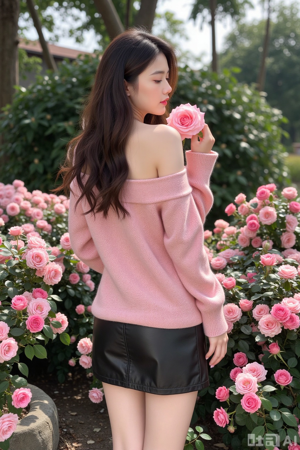 Realistic photo of a young woman with back, long hair, fair skin, off-shoulder pink fashion sweater, short leather skirt, long legs, sequined high heels, full body, rose garden, smelling roses, lots of roses,