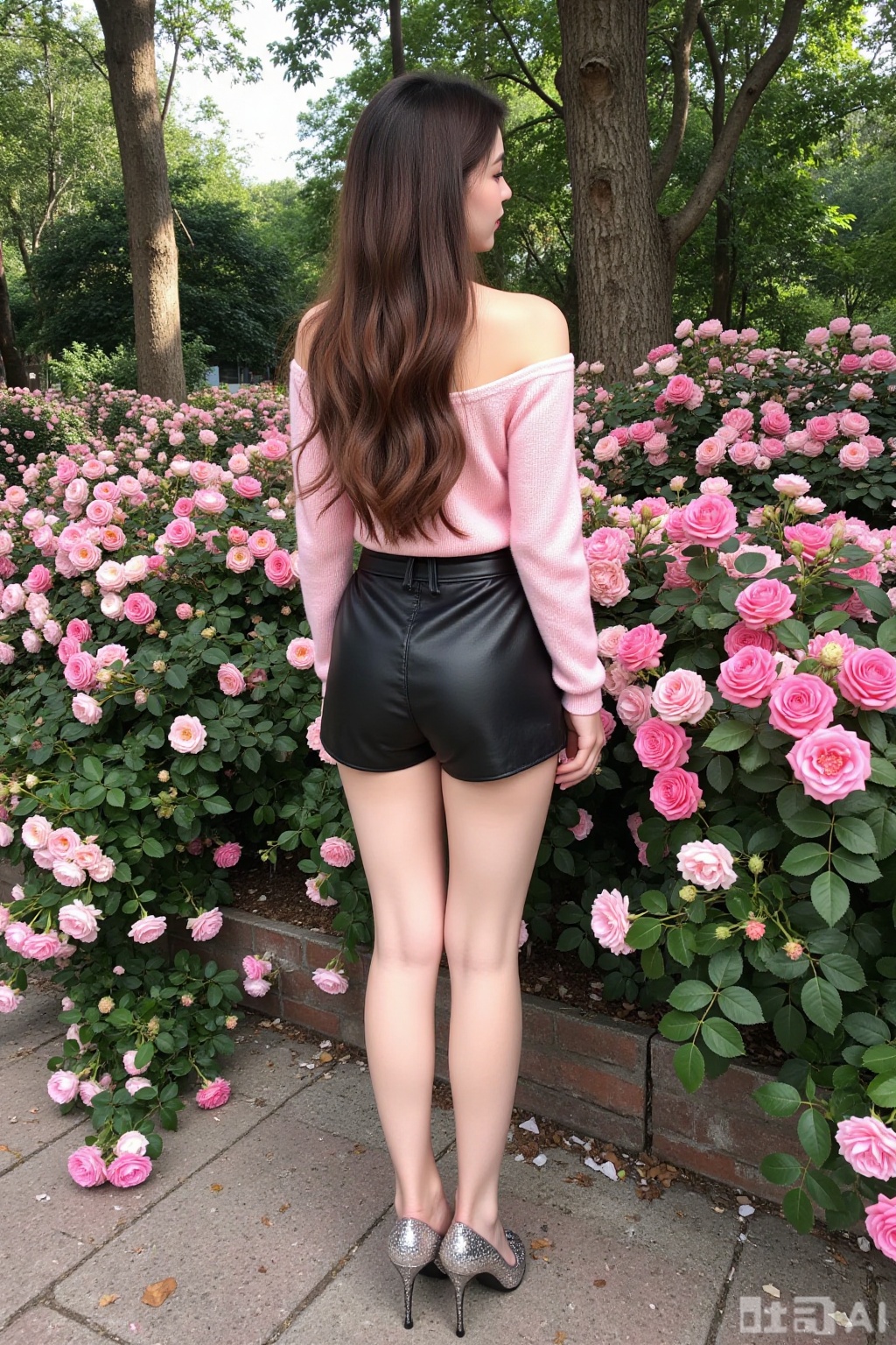Realistic photo of a young woman with back, long hair, fair skin, off-shoulder pink fashion sweater, short leather skirt, long legs, sequined high heels, full body, rose garden, smelling roses, lots of roses,