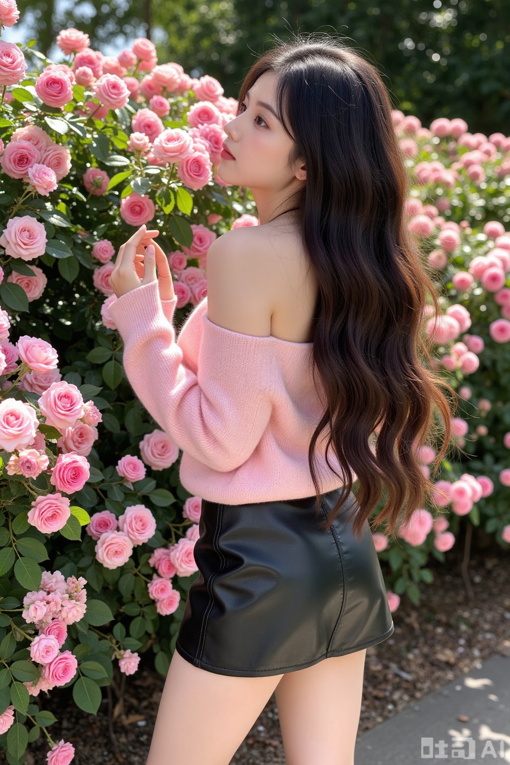 Realistic photo of a young woman with back, long hair, fair skin, off-shoulder pink fashion sweater, short leather skirt, long legs, sequined high heels, full body, rose garden, smelling roses, lots of roses,