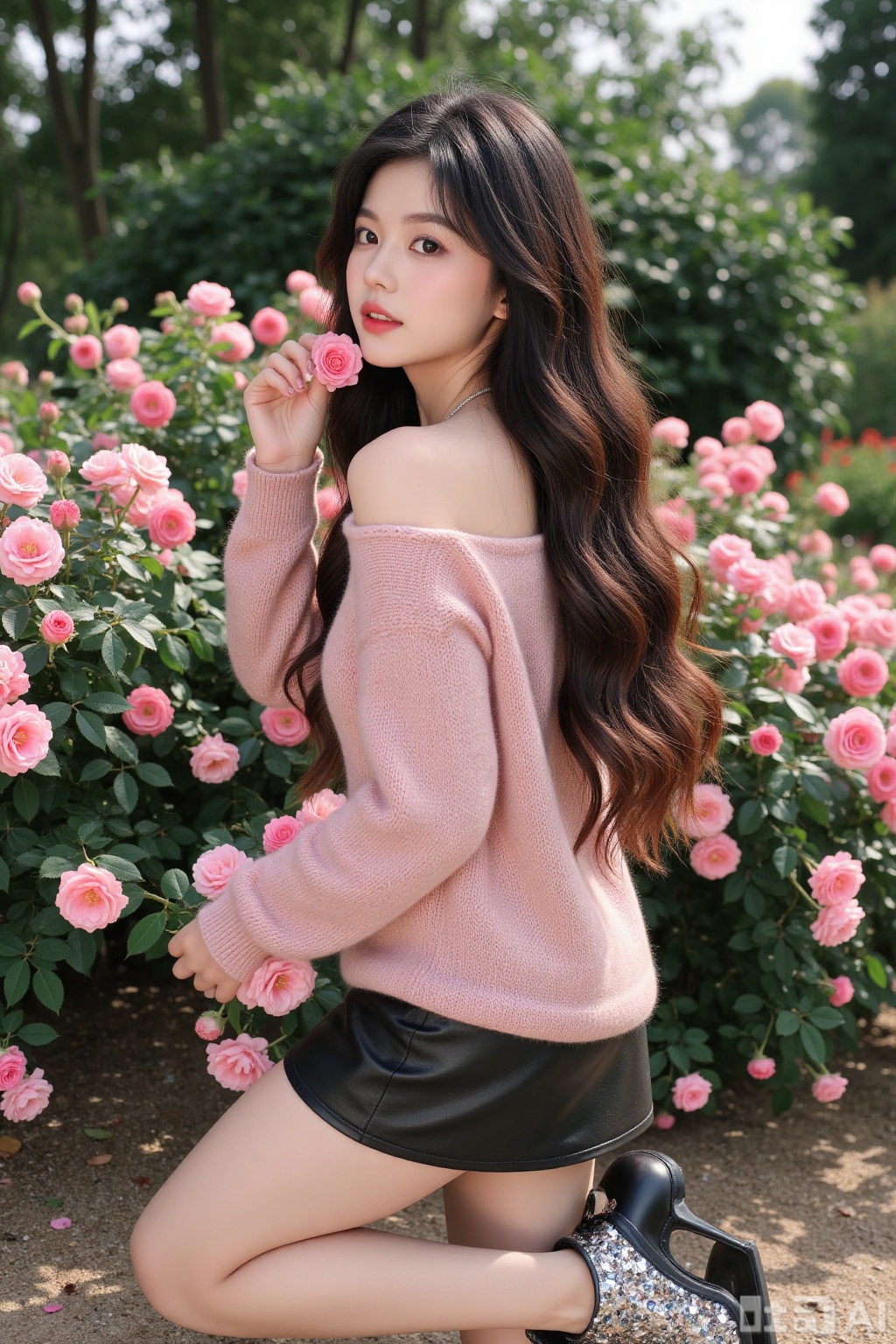 Realistic photo of a young woman with back, long hair, fair skin, off-shoulder pink fashion sweater, short leather skirt, long legs, sequined high heels, full body, rose garden, smelling roses, lots of roses,