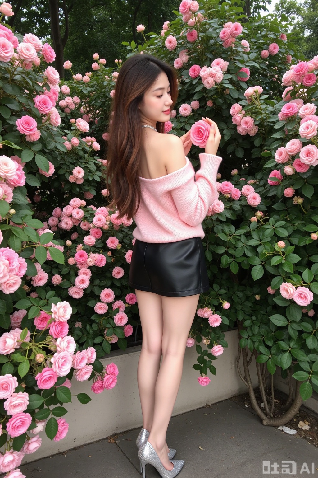 Realistic photo of a young woman with back, long hair, fair skin, off-shoulder pink fashion sweater, short leather skirt, long legs, sequined high heels, full body, rose garden, smelling roses, lots of roses,