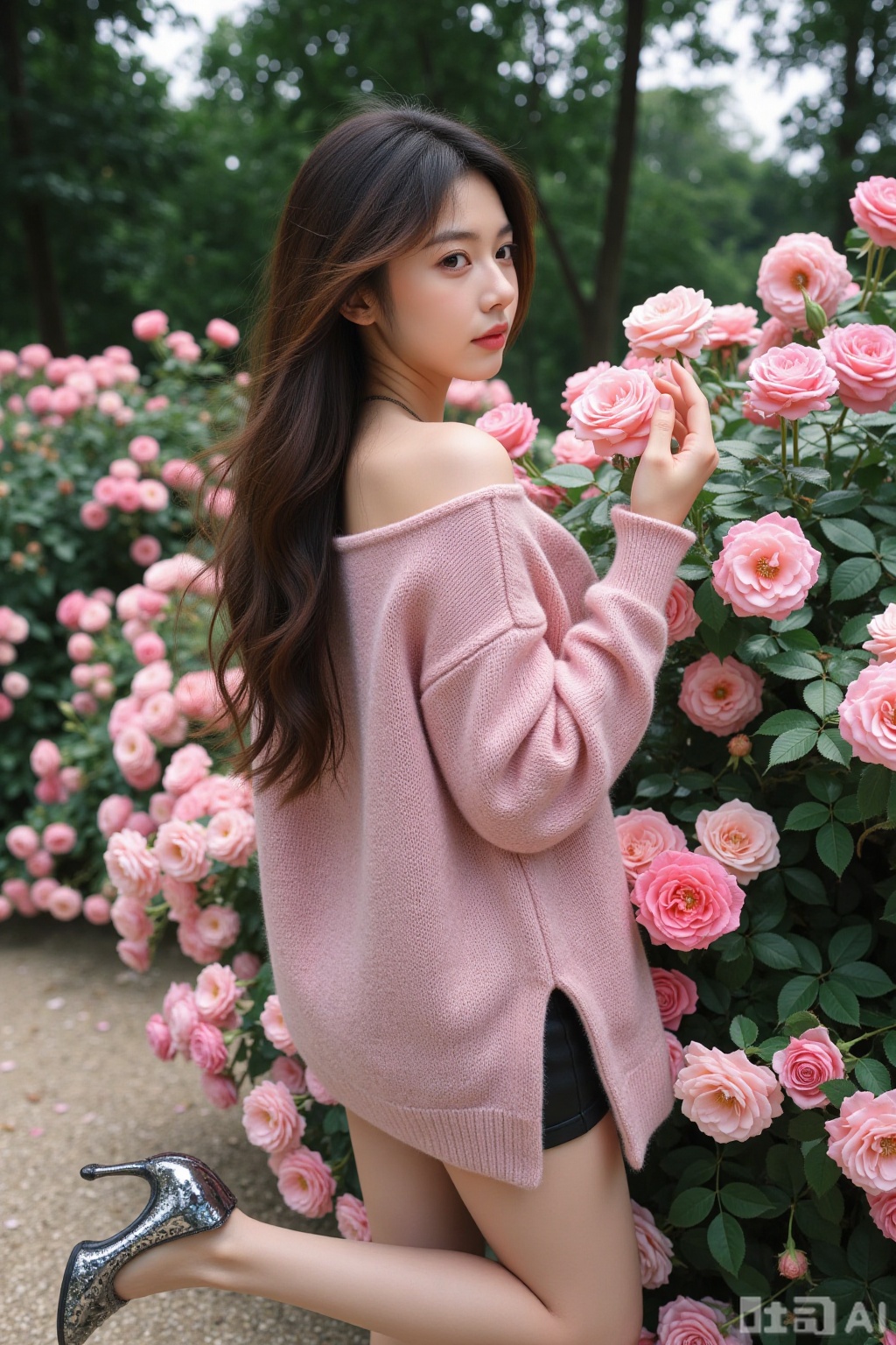 Realistic photo of a young woman with back, long hair, fair skin, off-shoulder pink fashion sweater, short leather skirt, long legs, sequined high heels, full body, rose garden, smelling roses, lots of roses,