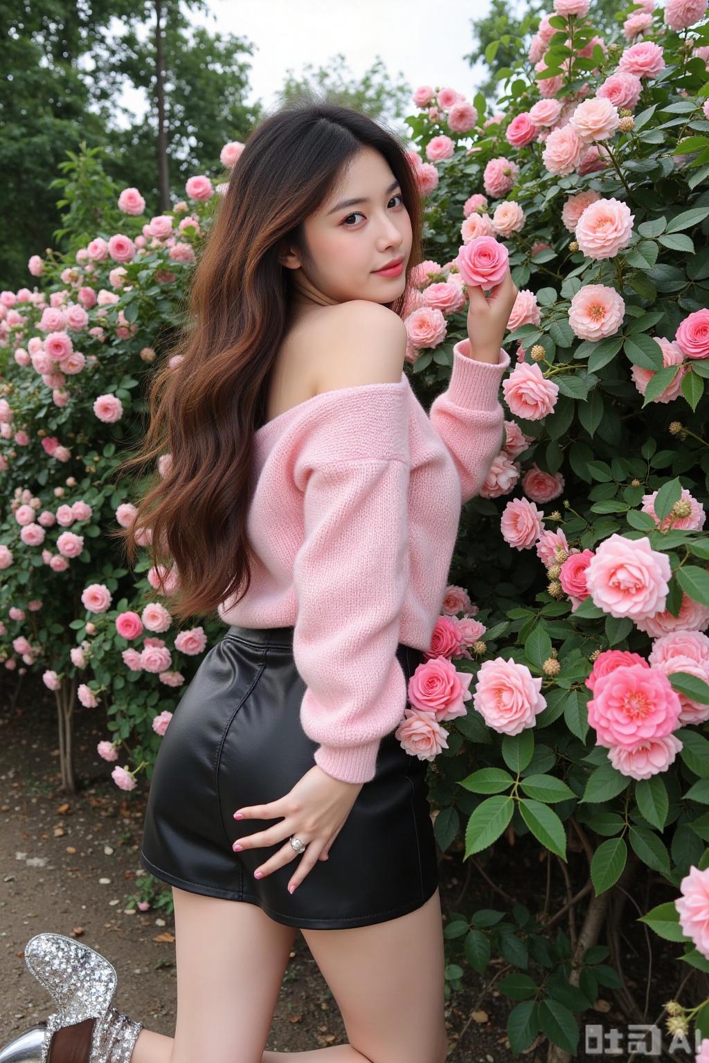 Realistic photo of a young woman with back, long hair, fair skin, off-shoulder pink fashion sweater, short leather skirt, long legs, sequined high heels, full body, rose garden, smelling roses, lots of roses,