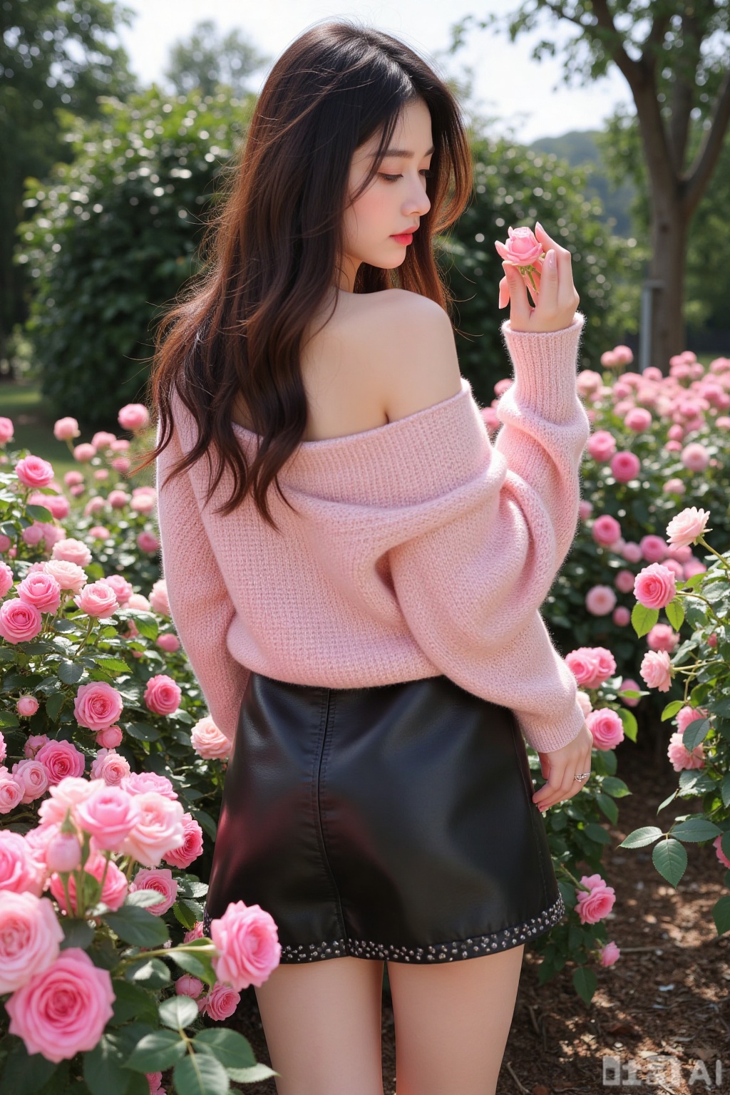 Realistic photo of a young woman with back, long hair, fair skin, off-shoulder pink fashion sweater, short leather skirt, long legs, sequined high heels, full body, rose garden, smelling roses, lots of roses,