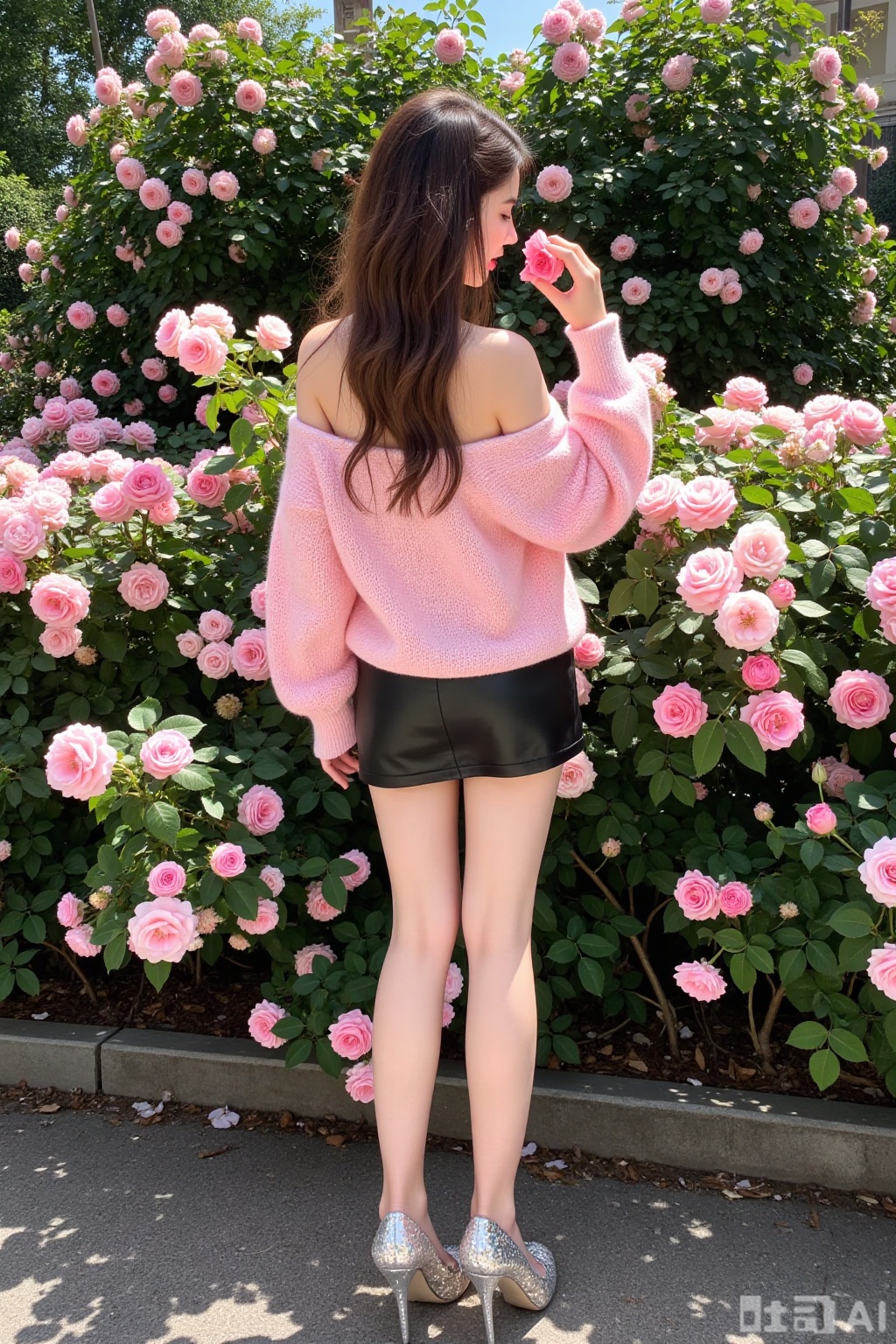 Realistic photo of a young woman with back, long hair, fair skin, off-shoulder pink fashion sweater, short leather skirt, long legs, sequined high heels, full body, rose garden, smelling roses, lots of roses,