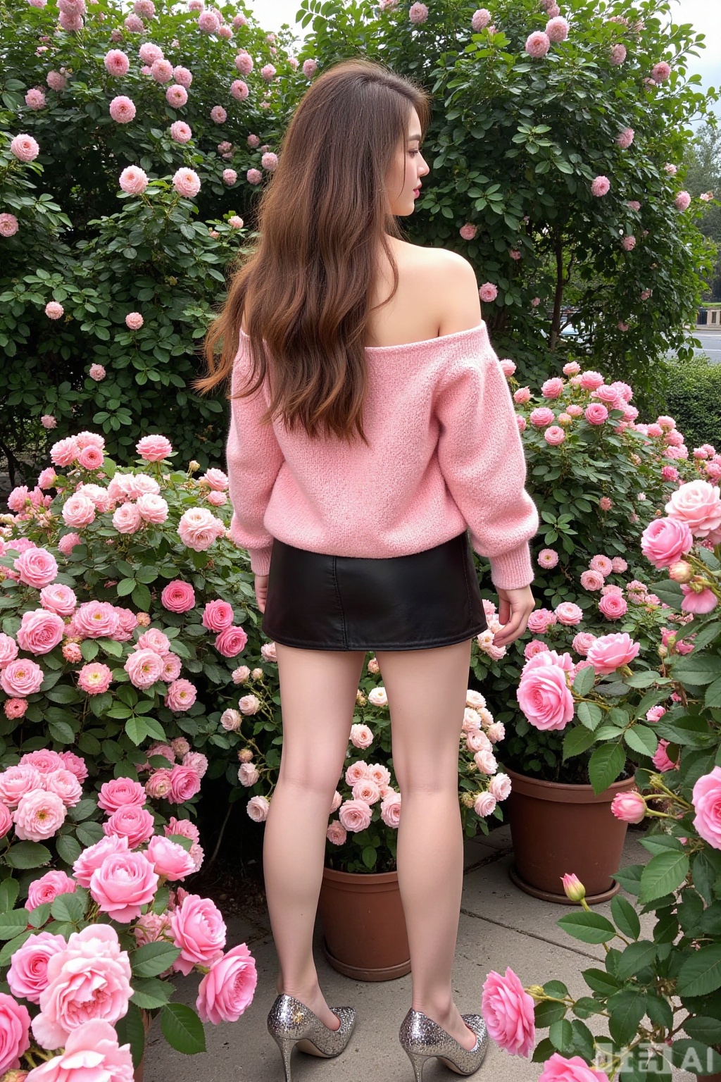 Realistic photo of a young woman with back, long hair, fair skin, off-shoulder pink fashion sweater, short leather skirt, long legs, sequined high heels, full body, rose garden, smelling roses, lots of roses,