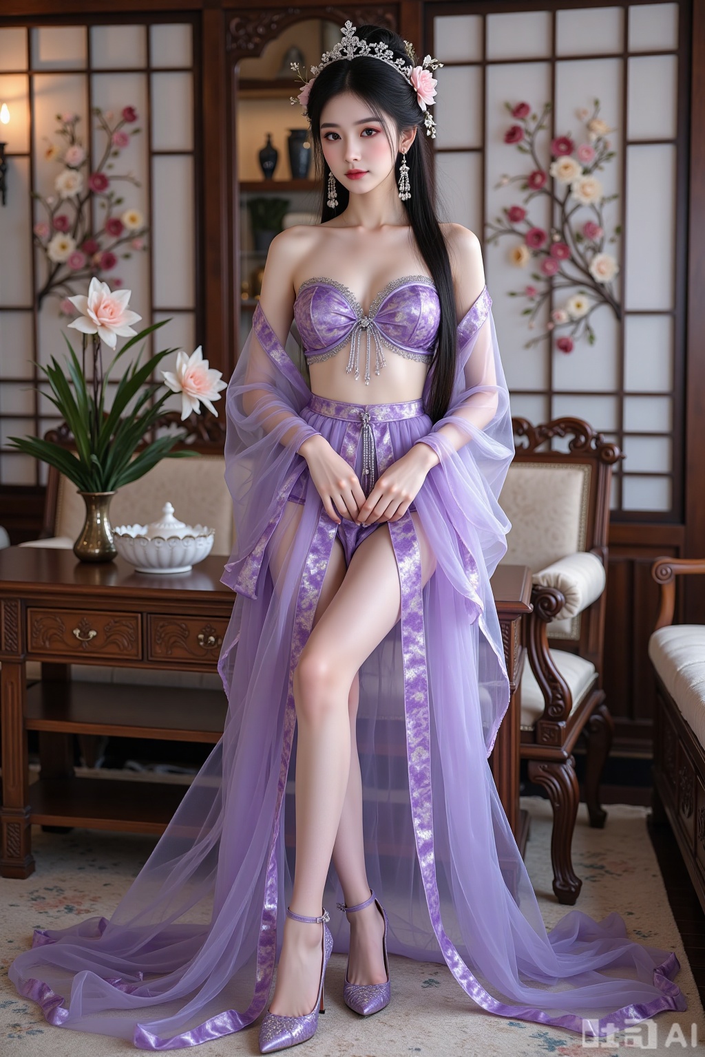 Realistic photo of a young woman with long hair, headdress, fair skin, big breasts, purple pattern translucent Hanfu, long legs, purple pattern high heels, full body, Chinese living room, flowers,