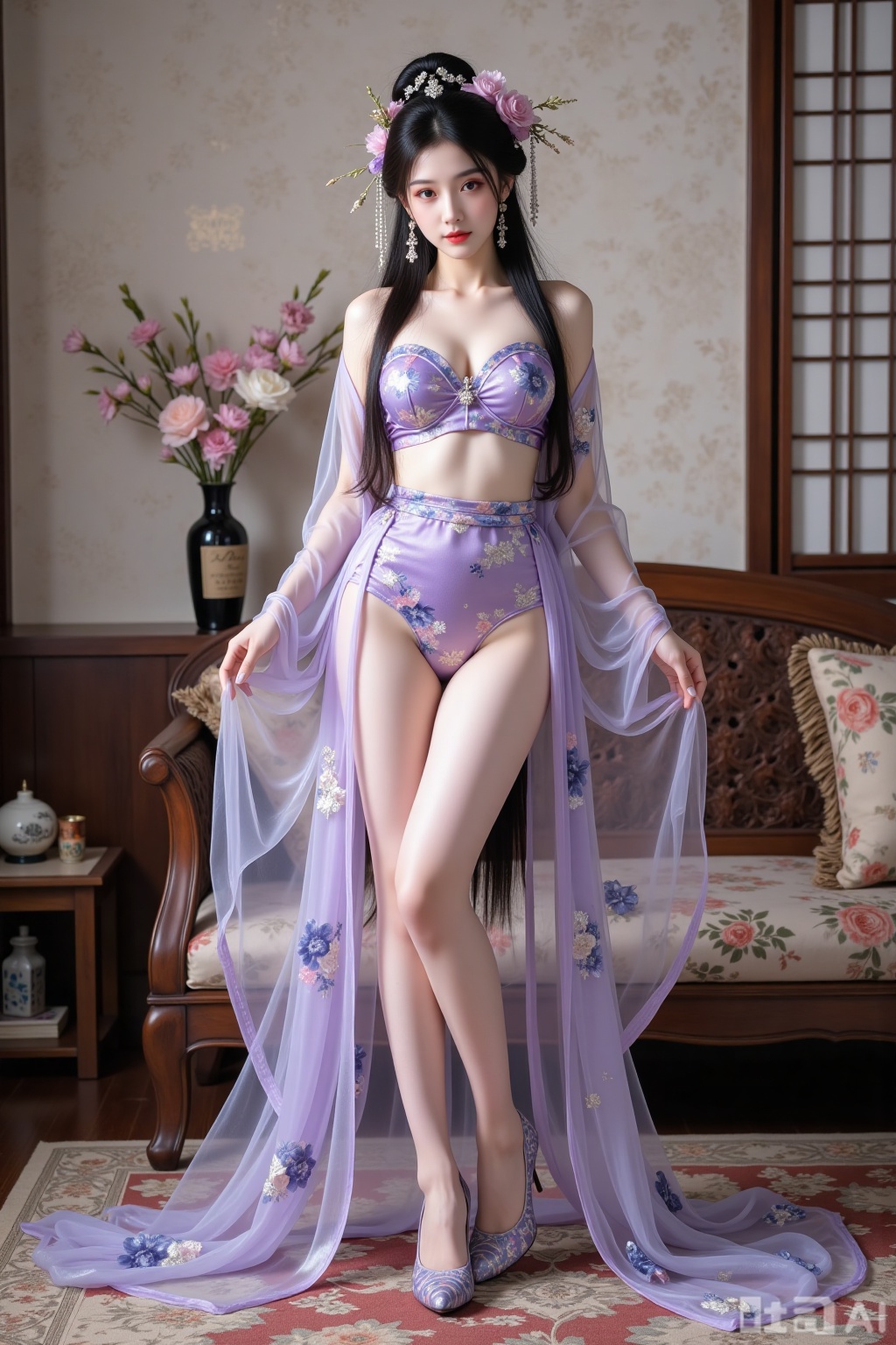 Realistic photo of a young woman with long hair, headdress, fair skin, big breasts, purple pattern translucent Hanfu, long legs, purple pattern high heels, full body, Chinese living room, flowers,