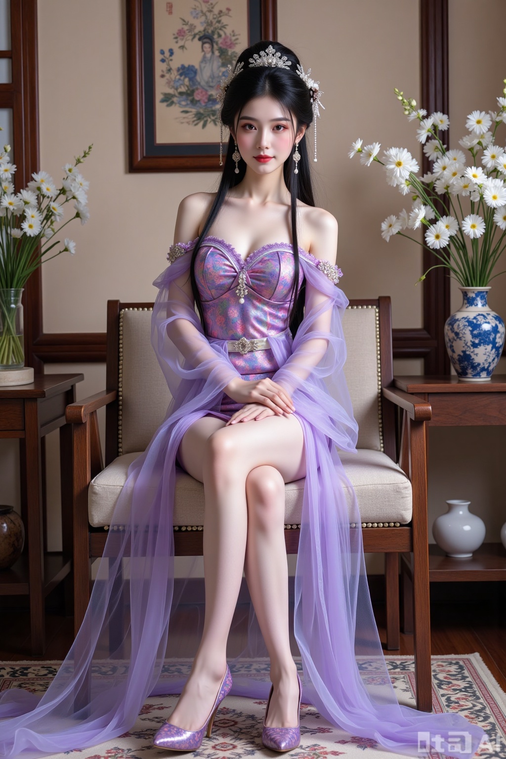 Realistic photo of a young woman with long hair, headdress, fair skin, big breasts, purple pattern translucent Hanfu, long legs, purple pattern high heels, full body, Chinese living room, flowers,
