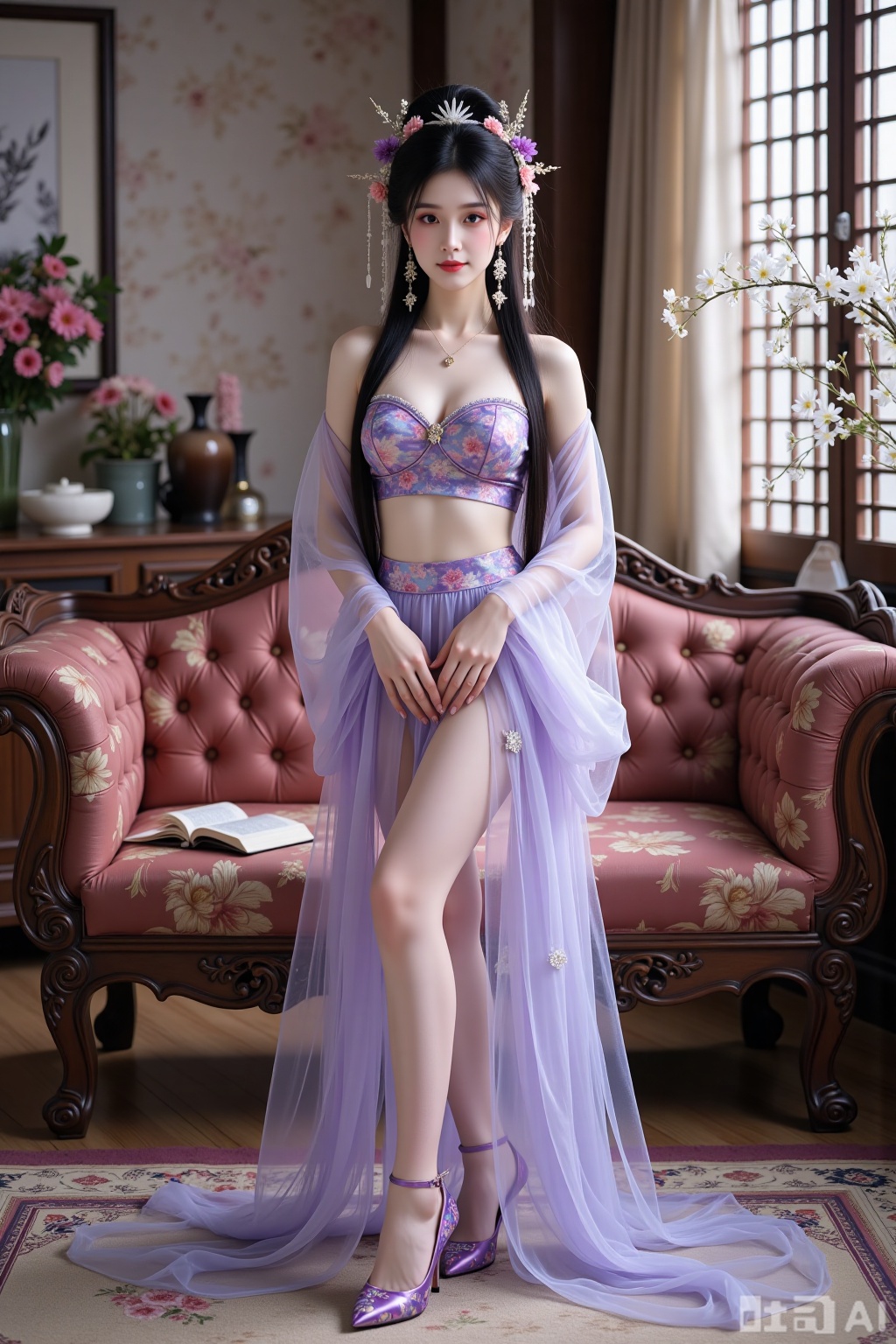 Realistic photo of a young woman with long hair, headdress, fair skin, big breasts, purple pattern translucent Hanfu, long legs, purple pattern high heels, full body, Chinese living room, flowers,