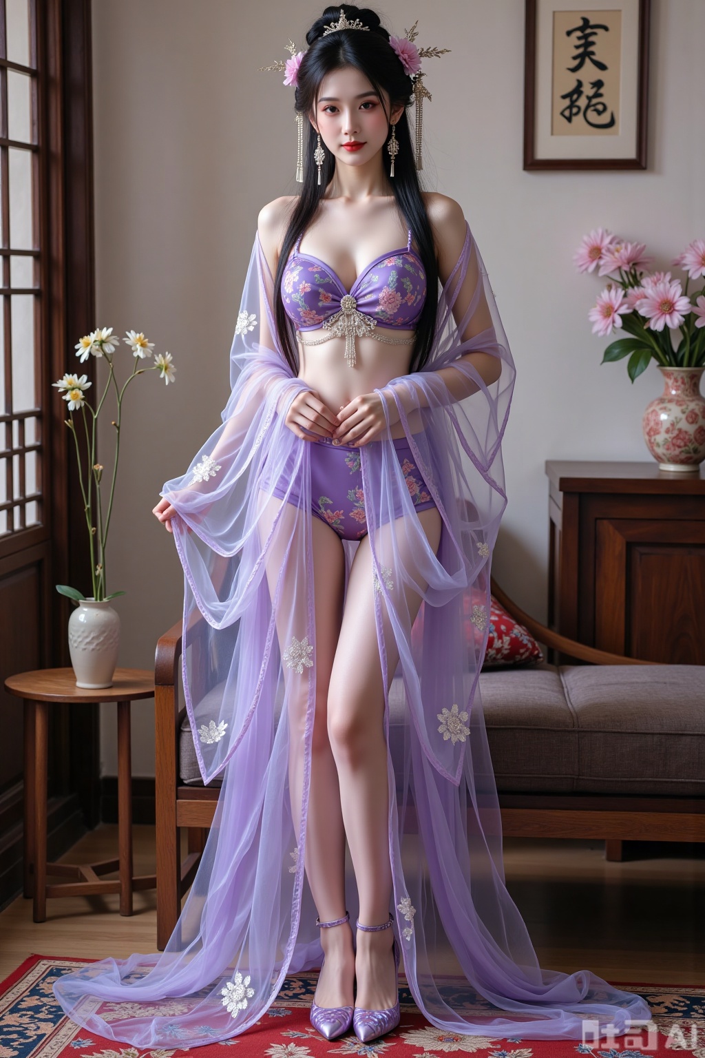 Realistic photo of a young woman with long hair, headdress, fair skin, big breasts, purple pattern translucent Hanfu, long legs, purple pattern high heels, full body, Chinese living room, flowers,