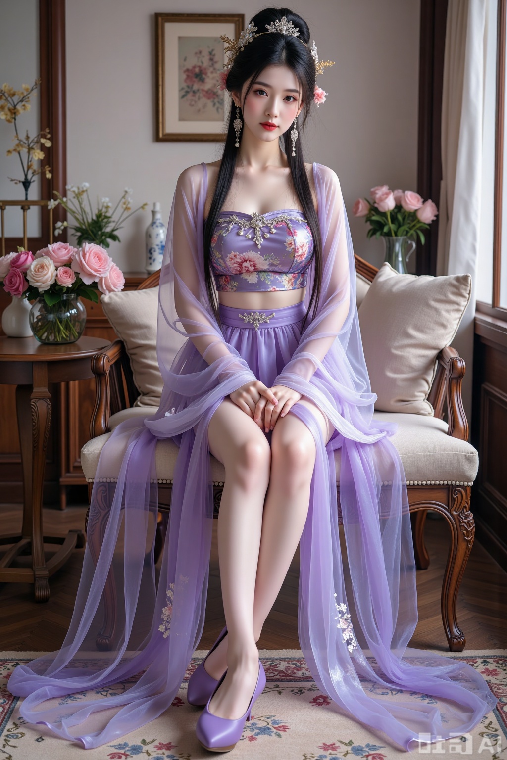 Realistic photo of a young woman with long hair, headdress, fair skin, big breasts, purple pattern translucent Hanfu, long legs, purple high heels, full body, Chinese living room, flowers,