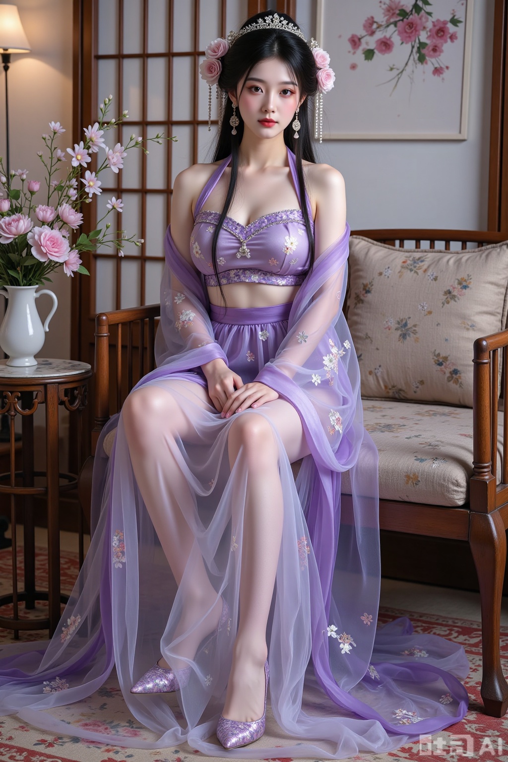 Realistic photo of a young woman with long hair, headdress, fair skin, big breasts, purple pattern translucent Hanfu, long legs, purple pattern high heels, full body, Chinese living room, flowers,