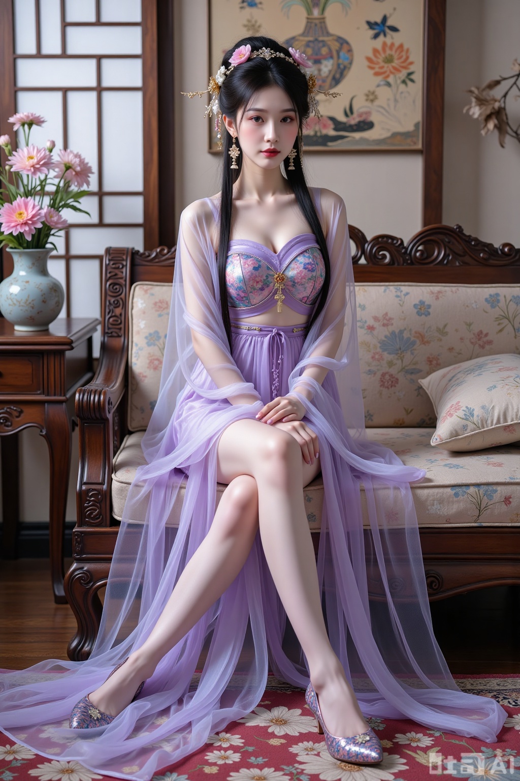 Realistic photo of a young woman with long hair, headdress, fair skin, big breasts, purple pattern translucent Hanfu, long legs, purple pattern high heels, full body, Chinese living room, flowers,