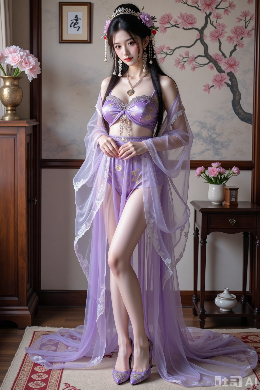 Realistic photo of a young woman with long hair, headdress, fair skin, big breasts, purple pattern translucent Hanfu, long legs, purple pattern high heels, full body, Chinese living room, flowers,