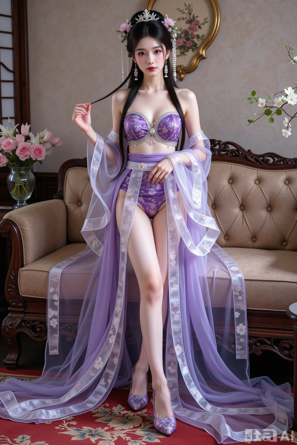 Realistic photo of a young woman with long hair, headdress, fair skin, big breasts, purple pattern translucent Hanfu, long legs, purple pattern high heels, full body, Chinese living room, flowers,