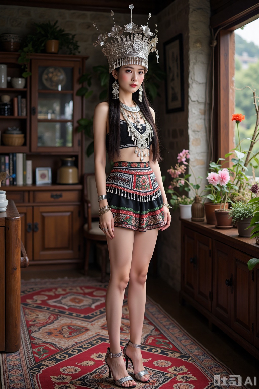 Realistic photo of a young woman with long hair, fair skin, big breasts, silver head crown, silver necklace, sleeveless Miao clothing, Miao short skirt, long legs, embroidered high heels, full body, Miao living room, flowers,