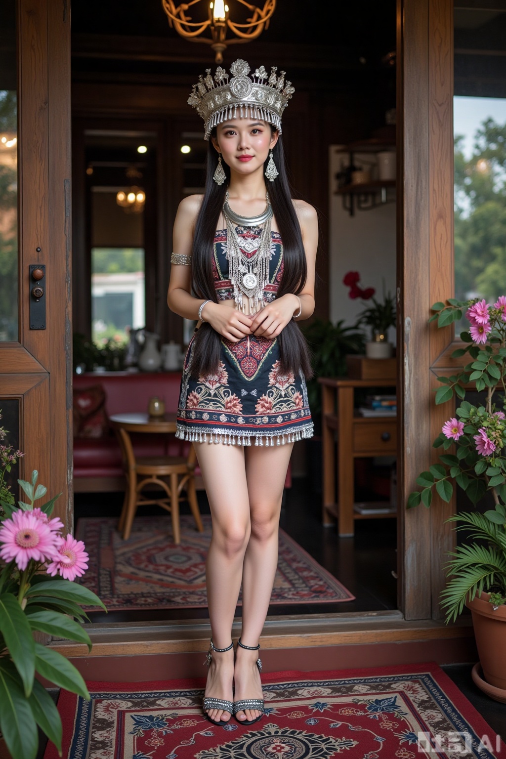Realistic photo of a young woman with long hair, fair skin, big breasts, silver head crown, silver necklace, sleeveless Miao clothing, Miao short skirt, long legs, embroidered high heels, full body, Miao living room, flowers,