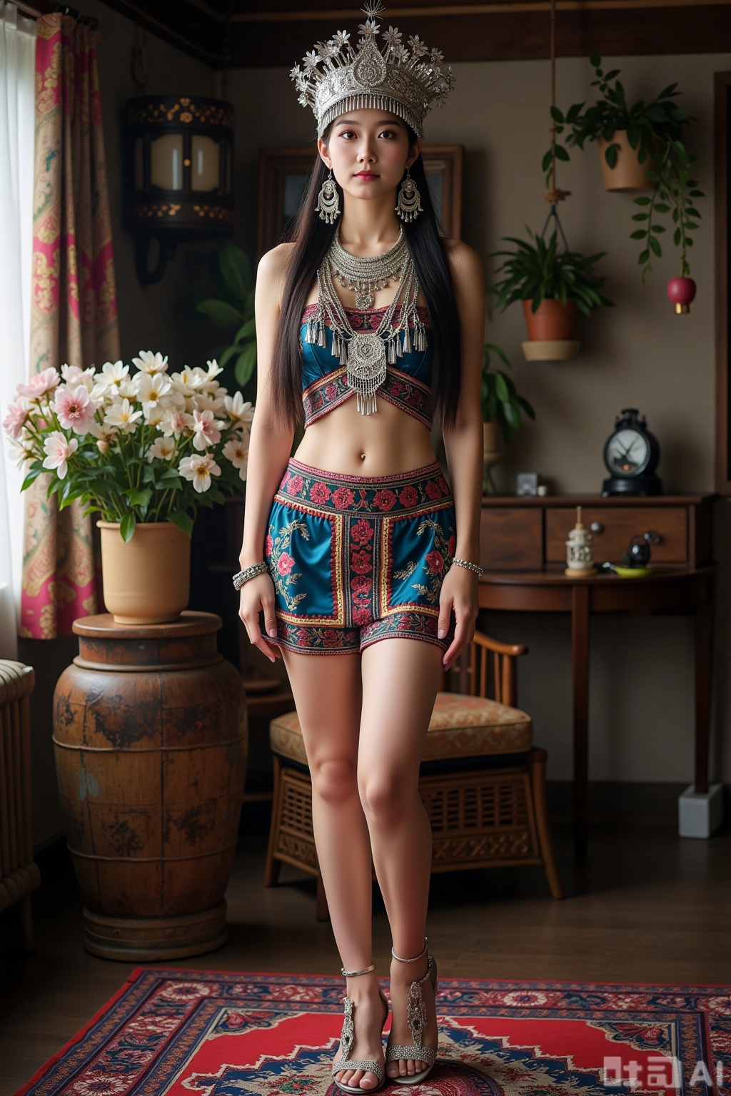 Realistic photo of a young woman with long hair, fair skin, big breasts, silver head crown, silver necklace, sleeveless Miao clothing, Miao short skirt, long legs, embroidered high heels, full body, Miao living room, flowers,