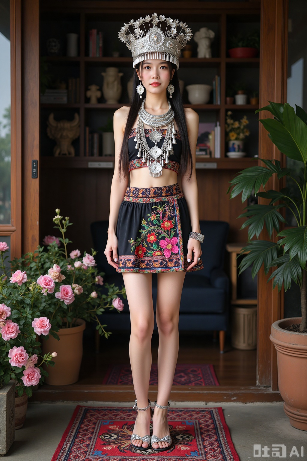 Realistic photo of a young woman with long hair, fair skin, big breasts, silver head crown, silver necklace, sleeveless Miao clothing, Miao short skirt, long legs, embroidered high heels, full body, Miao living room, flowers,