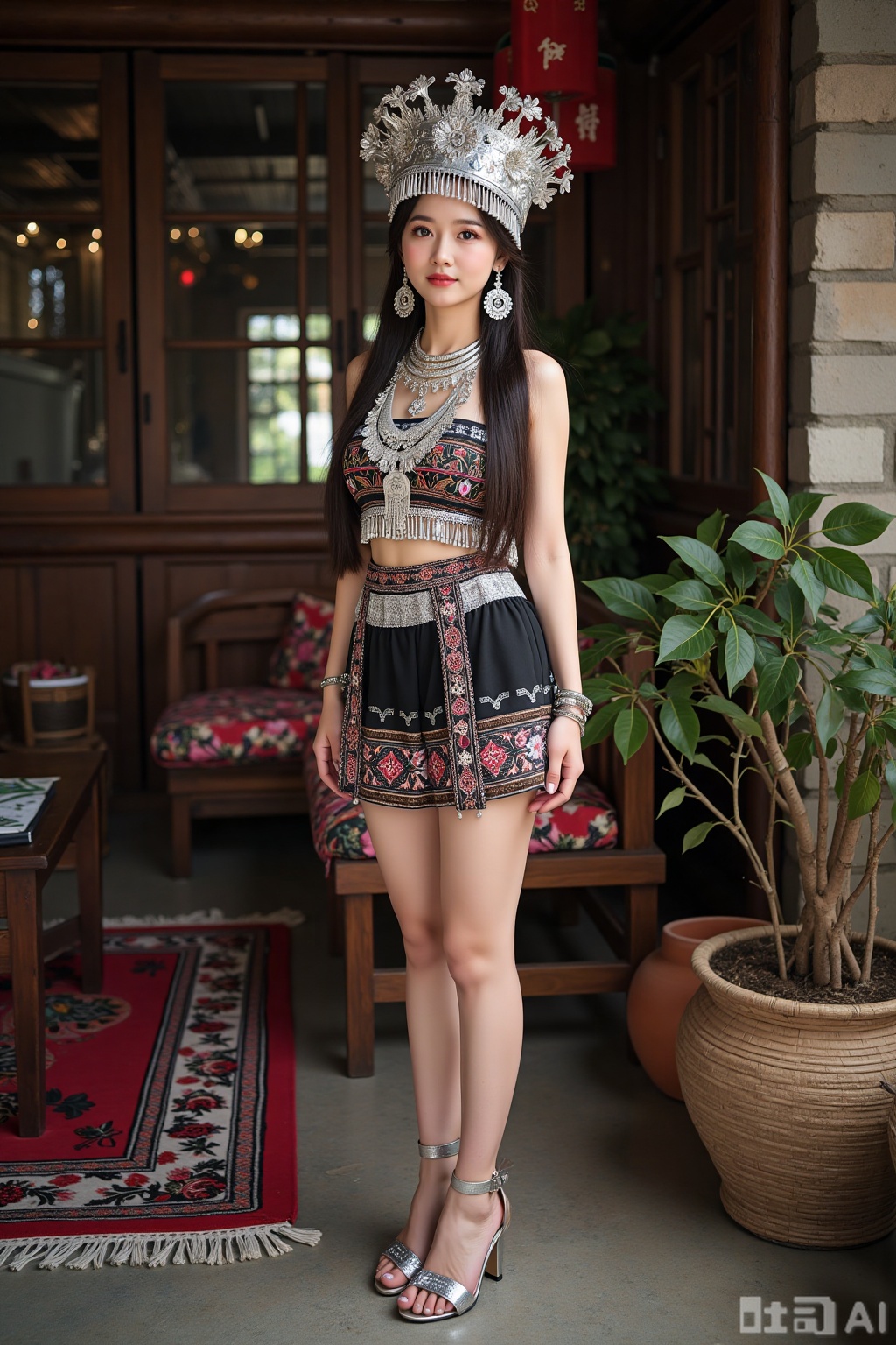 Realistic photo of a young woman with long hair, fair skin, big breasts, silver head crown, silver necklace, sleeveless Miao clothing, Miao short skirt, long legs, embroidered high heels, full body, Miao living room, flowers,