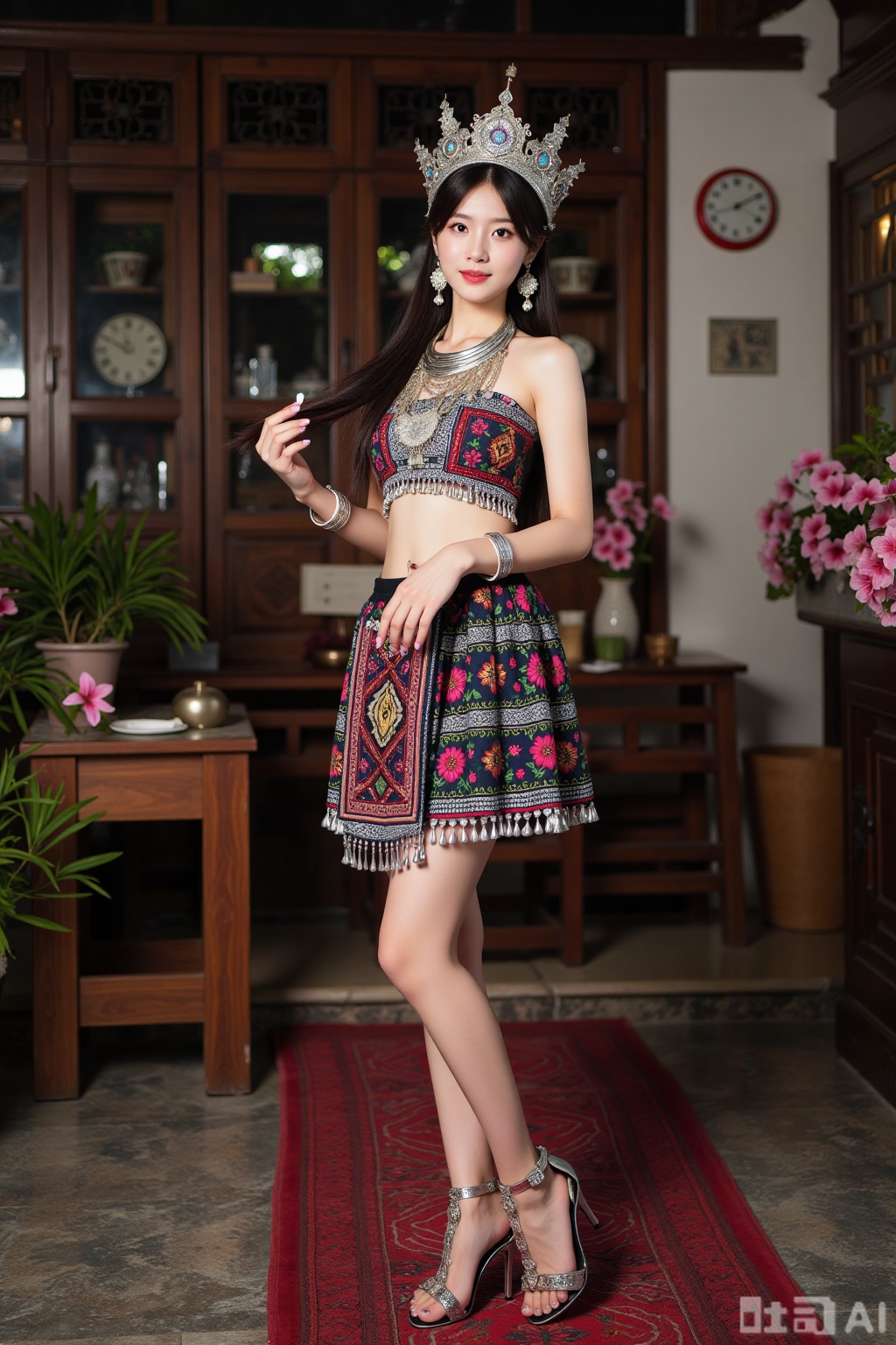 Realistic photo of a young woman with long hair, fair skin, big breasts, silver head crown, silver necklace, sleeveless Miao clothing, Miao short skirt, long legs, embroidered high heels, full body, Miao living room, flowers,
