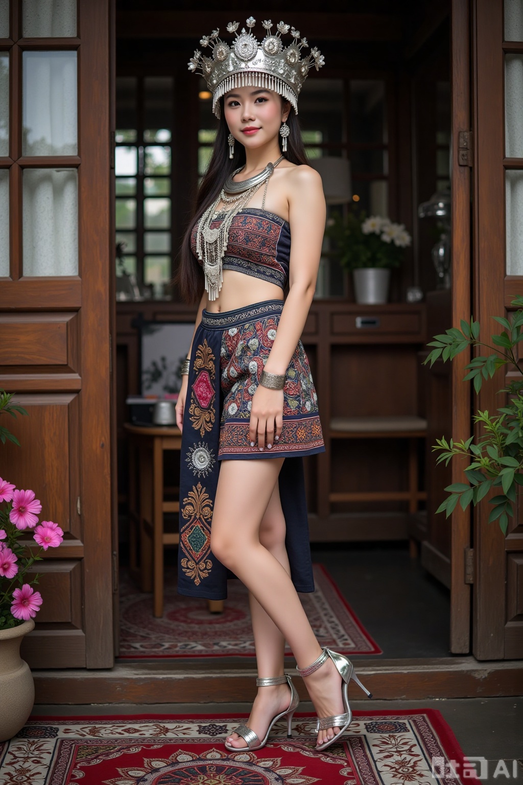 Realistic photo of a young woman with long hair, fair skin, big breasts, silver head crown, silver necklace, sleeveless Miao clothing, Miao short skirt, long legs, embroidered high heels, full body, Miao living room, flowers,
