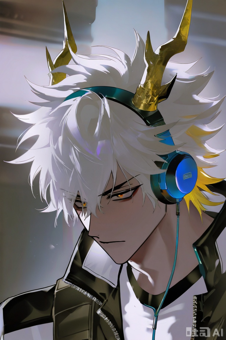 ,xiao zhi tiao,(artist:mazjojo:0.77), (artist:pigeon666:0.70), (artist:zawar379:0.83), (artist:remsrar:0.65), (artist:chimmyming:0.72),masterpiece,best quality,male focus,hd,4kamazing quality,very aesthetic,bust,high resolution,ultra-detailed,perfect lighting,volumetric lighting,yu xuan,multicolored hair,White dragon tail,White dragon horns,sneakers,white shorts,headphones,tattoo,yellow eyes,white hair,1boy,blonde hair,bangs,white **** top,white **** top,Portrait, avatar, avatar close-up,xiaozhitiao,(shiej007:0.7),Yishu