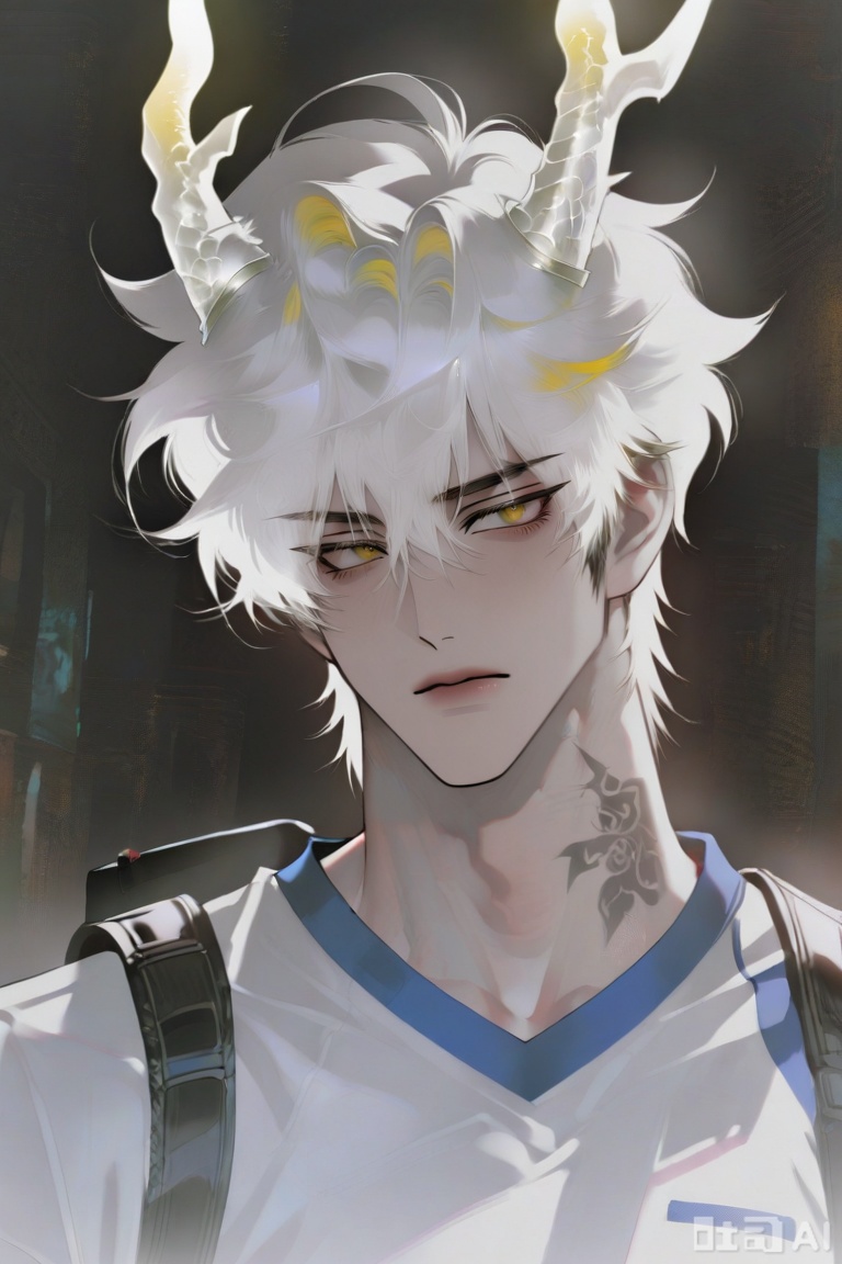 ,xiao zhi tiao,(artist:mazjojo:0.77), (artist:pigeon666:0.70), (artist:zawar379:0.83), (artist:remsrar:0.65), (artist:chimmyming:0.72),masterpiece,best quality,male focus,hd,4kamazing quality,very aesthetic,bust,high resolution,ultra-detailed,perfect lighting,volumetric lighting,yu xuan,multicolored hair,White dragon tail,White dragon horns,sneakers,white shorts,headphones,tattoo,yellow eyes,white hair,1boy,blonde hair,bangs,white **** top,white **** top,Portrait, avatar, avatar close-up,xiaozhitiao,(shiej007:0.7),Yishu