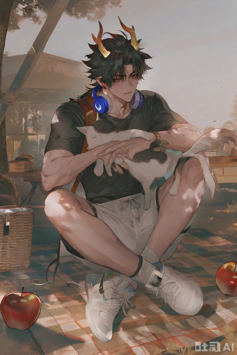 ,xiao zhi tiao,(artist:mazjojo:0.77), (artist:pigeon666:0.70), (artist:zawar379:0.83), (artist:remsrar:0.65), (artist:chimmyming:0.72),masterpiece,best quality,male focus,hd,4kamazing quality,very aesthetic,bust,high resolution,ultra-detailed,perfect lighting,volumetric lighting,


apple_tree_under_camping, sunny_day, dappled_sunlight, warm_glow,

boy_with_dog_ears, dog_tail, black_hair, Nike_white_socks,

pet_cat, cat_on_lap, squinting_smile, relaxed_posture,

wooden_camping_chair, picnic_blanket, basket_of_apples,

[材质与细节]
soft_furry_texture, detailed_dog_ear_tufts, smooth_skin,
Nike_logo_detail, cat_fur_detail, woven_blanket_texture,

[光影层次]
rim_light_around_hair, warm_shadow_under_chin,
diffused_sunlight_on_face, soft_apple_highlight,

[艺术风格]
realistic, detailed, warm_color_scheme, matte_skin_texture,
natural_lighting, soft_shadows, gentle_shading,


,xiaozhitiao,yu xuan,multicolored hair,White dragon tail,White dragon horns,sneakers,white shorts,headphones,tattoo,yellow eyes,white hair,1boy,blonde hair,bangs,white **** top,Yishu